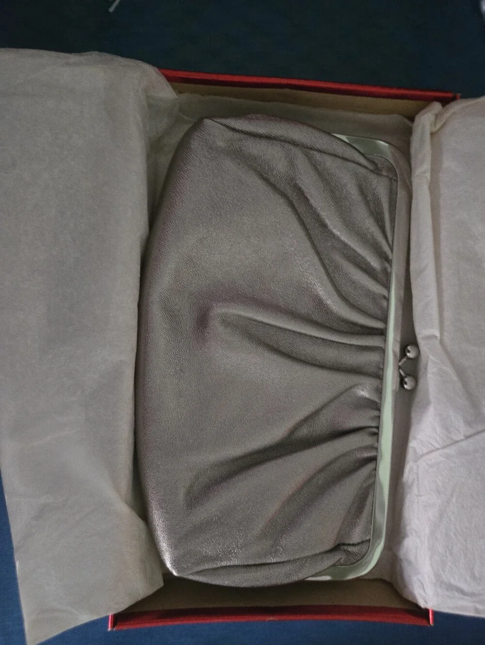 EXPRESS Metallic Pewter Genuine Leather Ruched Kiss Lock Clutch Evening Bag NWT